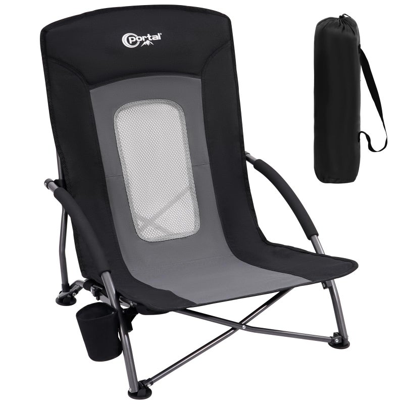 PORTAL Beach Camping Folding Chairs for Adults Low Portable Chair with Cup Holder High Mesh Back for Outdoor Lawn Sand Travel Festival Concert, 300LBS - Image 1